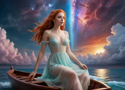 zero gravity, galaxy, (milky way), fantasy, open space cloud, (pastel style painting), wather maelstroom. dramatic clouds raibow, full lunar eclipse, sunrise, she is sailing a small boat in the milky way, the boat glides through the sky, long red hair, summer dress, lace filigree of bright, rich color, front below