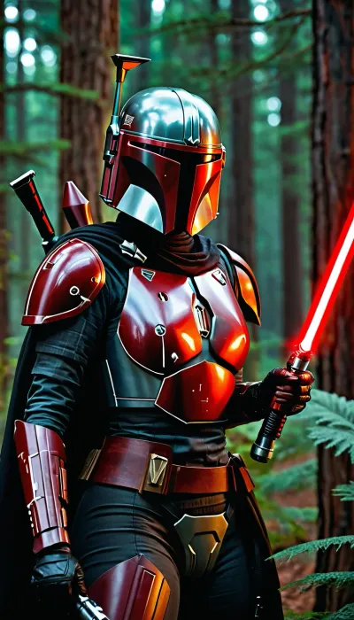 A female mandalorian, sleek revealing black armor with red details, bare skin, forest planet with space ship in the back round, wielding a red lightsaber, d&d, fantasy, highly detailed, digital painting, artstation, sharp focus, fantasy art, illustration, 8k, in the style of greg rutkowski. It's an absolute world-class masterpiece artwork. It's an aesthetically pleasing artwork with impeccable attention to detail and impressive composition.