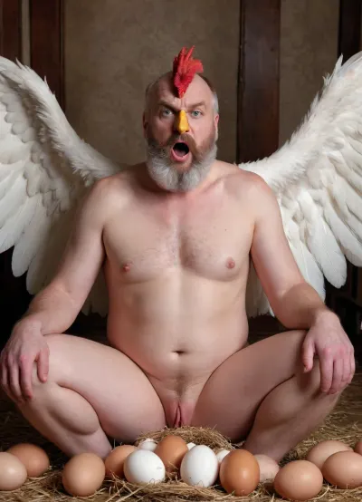 Bird man. Feathers. Part chicken. Humanoid. Wing arms. Hybrid. Human face. Beak. Part bird. Beak on a human. Nude. Nest with eggs. Bird monster. Sitting on eggs. Wings attached to arms. Feathered body. Laying eggs. Furry art. Talons. Chicken hybrid. Chicken man. Intersex. Cock comb. Feathered face. Egg laying. Laying an egg. Egg coming out. Giant eggs. Egg emerging from vagina. Full body. Male. Beard. White hair. White beard. Red hair streak. Beaked mouth. Chicken legs. Vagina. Pussy. Birthing eggs.
