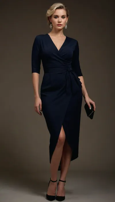 full view, woman is 45yo blonde very curvy, Viking, woman standing elegantly against a neutral beige background, wearing a sophisticated dark navy high-low evening dress. The dress features a tailored lapel collar with a wrap-style design, adding a chic and modern touch. The bodice is fitted, and the waist is accentuated with a tied satin belt, creating a flattering silhouette. The skirt is high-low, with a flowing, floor-length back and a shorter front, made of smooth, high-quality fabric for a polished and elegant look. The dress has three-quarter sleeves, adding a touch of sophistication. The woman is accessorized with a small, elegant black clutch bag and minimalist jewelry, including delicate earrings and a ring. She is wearing stylish black strappy heels. Her hair is styled in a neat updo, and the lighting is soft and natural, highlighting the dress's details and the woman's confident demeanor. Ultra HD, 8K, highly detailed, fashion photography, VOGUE style, cinematic lighting