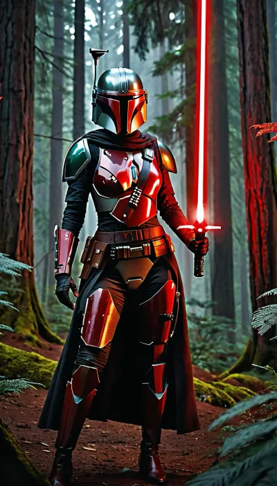 A female mandalorian, sleek revealing black armor with red details, bare skin, forest planet with space ship in the back round, wielding a red lightsaber, d&d, fantasy, highly detailed, digital painting, artstation, sharp focus, fantasy art, illustration, 8k, in the style of greg rutkowski. It's an absolute world-class masterpiece artwork. It's an aesthetically pleasing artwork with impeccable attention to detail and impressive composition.