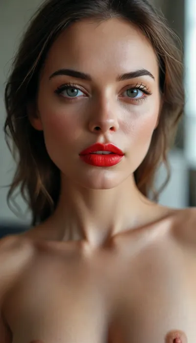 RAW image, Canon EOS R3, DSLR photo, 8k, best quality, (realistic, photo-realistic:1), (8k, RAW photo, best quality, (intricate details), masterpiece, slender, beautiful girl 40 years old proportional, perfect figure, superstar face, gray eyes, large eyes, thin eyebrows, triangular tall face, sharp cheekbones, large mouth, full lips, bright evening makeup, scarlet lips
long brown hair, perfect hair.
eye contact, daring, sexy gaze
Nude
slender neck, narrow shoulders, ((beautiful medium breasts)), narrow waist, narrow hips, long, slender legs, posing standing in a bedroom, daylight), Close-Up, <lora:MJ52:.8>