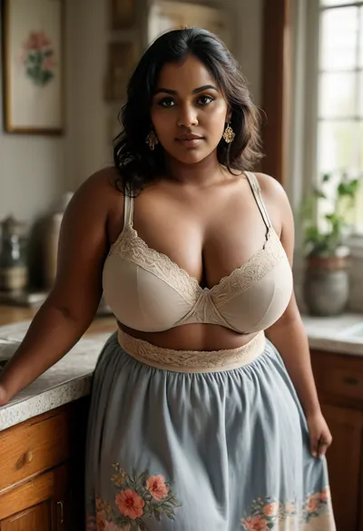 full body shot, 50mm lens, slight high angle, natural perspective, big hips, cleavage, huge boobs, pantyhose, thick body, ((bbw:1.4)), downblouse view, realistic Indian woman in her late 30s with deep brown skin, South Indian facial features, fuller lips, expressive almond eyes, bindhi, natural thick body, soft round belly, pudgy midsection, wide hips, heavy breasts, beautiful floral patterned lace trim bra, visible nipple contour through bra, pleated linen long skirt with waistband below navel, realistic fabric texture, fine stitching, heavy gold jewelry, natural lighting, lifelike skin texture, 1970s kitchen, leaning slightly forward at the counter, slate grey, soft blue shadows, cool whites, muted sunlight, film-like desaturation, photo realism, high detail, clean anatomy, <lora:clothed_small:.8>, <lora:Chubby BBW - XL:1.4>, <lora:MJ52:.8>, <lora:RealDownblouseXL2:.6>