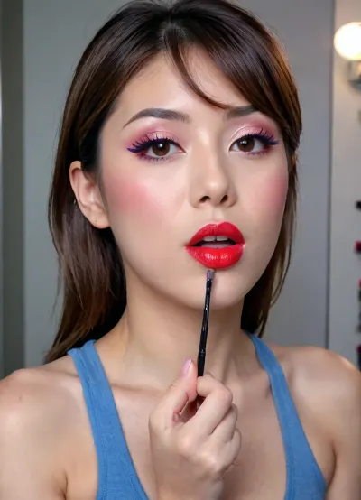 The image shows a yo girl, (Japanese:1.7), wearing a sleeveless gray dress with decorative details on the shoulders., (bright lighting:1.2), beautiful detailed eyes, extremely detailed face, perfect lighting, best quality, steel pipe indide pussy, solo, ((anus)), She has long, wavy brown hair and is smiling while applying red lipstick. She holds a red lipstick in one hand and a compact mirror in the other, which is partially open. Red sunglasses rest on top of her head, and she has pinky-red nail polish, matching her lipstick. The background is plain and light-colored, emphasizing her as the focal point., CUM, DONATION, ASSISTANCE, FELLATIO, TITS, SEX, HANDJOB, FOOTJOB, AFTER, VAGINAL, Jungle, w4t3rf4ll, ((makeup:1.5), long blue eyelashes with eyeliner:1.2), (big lips:1.3), (purple pussy:1.1), <lora:CUM DONATION ASSISTANCE:1.4>, <lora:Jungle_w4t3rf4ll:.8>