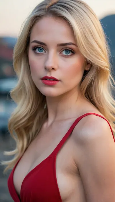 Sexy women, 25 years old, bkue eyes, blond hair, red dress