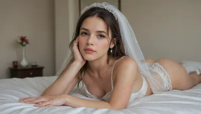 cute young bride cumbucket lying on the bed with her bridal veil, a gallon of cum has recently been poured over all of her body and face, portrait, from side, looking at the cam, taken by professional photographer, cinematic dark lightning, luxury hotel room, nip slip, 4ng3l, <lora:SDXL_BetterFaces-LoRA_v1:1>