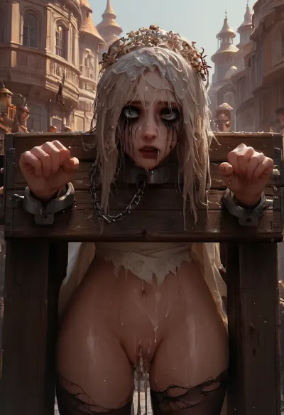 A Russian beauty in a traditional Russian costume, her costume torn, but her traditional headdress on, a filigree of bright, saturated colors. Super clear, (town square), (shackled to stocks and pillory:1.3), (ruined makeup, wet skin, wet hair), cum on pussy, cum on face, cum on ass, torn black pantyhose, stiletto spike heel boots, corset, (gangbang, deep throat, anal), Endless_Up_SDXL_Neg, GenNeg-XL, SDXL_POS