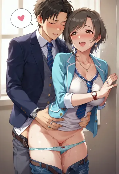 score_9, score_8_up, score_7_up, idolmaster, idolmaster_cinderella_girls, sasaki_chie's_mother, highres, 1boy, 1girl, black_hair, blazer, blue_jacket, blue_necktie, blush, bottomless, clothed_sex, clothes_pull, collarbone, heart, heart-shaped_pupils, hetero, implied_cheating_relationship, jacket, jewelry, large_breasts, mature_female, necktie, nose_blush, panties, pants, pants_pull, print_panties, ring, sex, sex_from_behind, shirt, short_hair, speech_bubble, stained_panties, standing, standing_sex, symbol-shaped_pupils, torso_grab, underwear, unworn_panties, unworn_pants, unworn_ring, watch, wedding_ring, white_shirt, wristwatch
