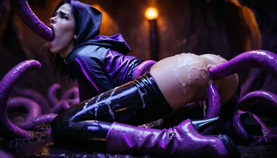hyper photorealistic masterpiece, maximum quality, maximum details, maximum realism, (gem cave), (Mature woman), (suspended by tentacles, wrists held by tentacles, ankles held by purple tentacles, tentacles squeezing breasts:1.2), (DC comics titans raven), (Grey skin), short black hair, goth make up, red diamond on forehead, slim body, purple leotard, black latex leggings, dark purple hooded, black leather choker, Purple high boots, (realistic anus, realistic vagina), (screaming), (cum on pussy, cum on ass, cum on legs), (deepthroat, vaginal, anal:1.1), tentacles, but, Endless_Up_SDXL_Neg, <lora:MS_Real_XL_Tentacles:1.1>, <lora:dark:.9>, <lora:SDXLHighDetail_v6-000005:1.4>, <lora:BUT_SDXL_SHS:1.1>
