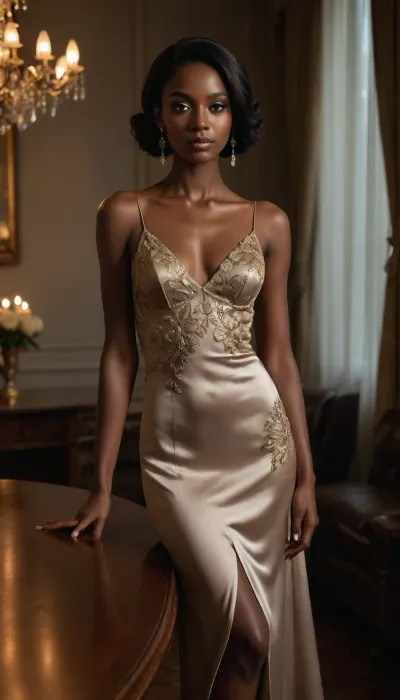 A glamorous dark-skinned woman in an opulent, dimly lit room, leaning elegantly over a polished wooden table while holding a martini glass. She wears elegant, short satin slip dress. The dress is in a soft, muted taupe or light brown color. It features thin, adjustable spaghetti straps that cross slightly at the back. The neckline is a deep V-shape, adding a touch of sophistication.
The most striking detail is the intricate gold floral embroidery that adorns the dress. The embroidery is concentrated on the lower half of the dress, starting just below the waist and extending to the hem. The floral patterns are delicate and ornate, with leaves, vines, and small flowers in gold thread, creating a beautiful contrast against the taupe satin fabric.
The dress has a slightly flared skirt, giving it a playful yet elegant silhouette. The fabric appears smooth and lustrous, reflecting light subtly. The overall design is a blend of modern minimalism and classic elegiance, perfect for a formal event or a stylish evening out. Her long, sleek black hair falls straight down her back. Warm candlelight, crystal chandelier reflections, and heavy draped curtains create a rich, cinematic atmosphere. High fashion editorial style, dramatic shadows, luminous skin, luxurious textures, intimate mood, Vogue-level photography