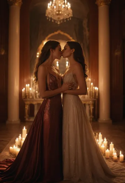 Arabica palace, two lesbians in luxury gown, they caress and kiss each other, sensuality, get each other naked, warm lightning, candles, realistic, nightly, sensual atmosphere