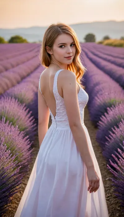 masterpiece, best quality, good quality, very aesthetic, absurdres, newest, 8K, depth of field, bokeh, prinz eugen, (azur lane), twin tails, amber eyes, black eyeliner, peaceful smile, white linen dress, walking through endless purple lavender field, provence sunset, golden hour, warm orange-purple sky, ultra detailed flowers, detailed dress