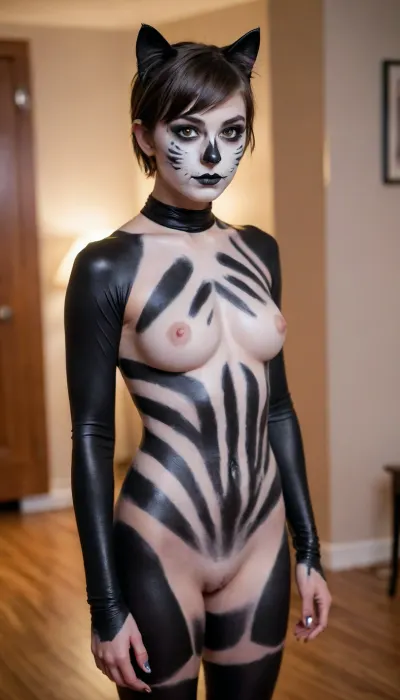 Sexy painted cat costume, pretty 20yo short-hair brunette instagram model with athletic build and perky boobs naked with full-body black and white tuxedo cat bodypaint at a Halloween party, full body view, hairy pussy, no face paint