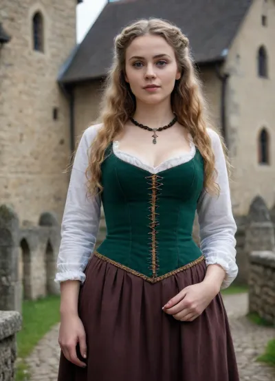 30-year-old full-figured German woman in simple historical gothic dress with long light hair, very curly thick rich hair, with loose unkempt tousled hair, whole body view, inexpressive face, shy look into the lens, green eyes, narrow face, slim austere face, sunken cheeks, pointed chin, small nose, very narrow lips, thin light eyebrows, wooden beads around neck, very pale complexion, white skin, no makeup on face, full figure, small breasts, wide hips, hairy pussy, standing on a medieval castle, full body view