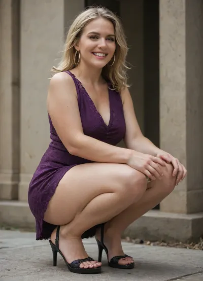 30 year old woman, solo, upskirt, realistic, curvy, full bodied, chubby, large tits, thick thighs, earrings, jewelry, grin, dress, dark purple dress, hoop_earrings, blonde_hair, long_hair, looking_at_viewer, sandal heels, sitting, knees_together_feet_apart, squatting