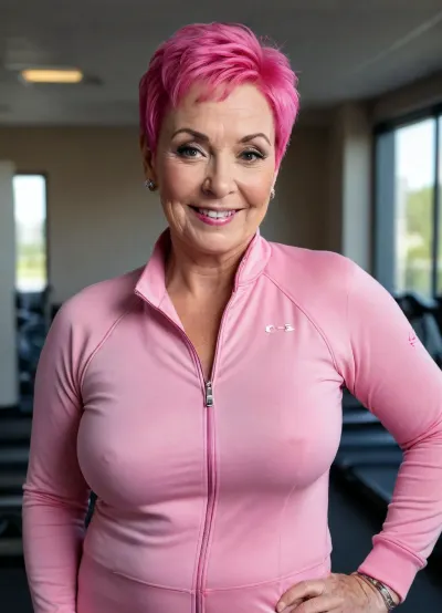 68 year old woman, (((bbw))), Cleavage, smiling, (), pixie cut, (((wrinkles))), tattoo, pink hair, piercings, (((bum)), ((track suit)))