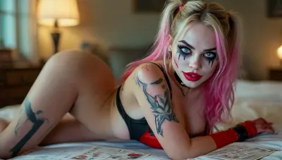 Animated, Cartoon, 2d, comic book style, outlined, Harley quinn from DC comics, (huge breasts:1), huge butt, large hips, large thighs, slim waist, flat stomach, pink lipstick, goth makeup, nude, 2 ponytails, (joker card tattoo), bent over, back arched, face down, ass up . Ultra realistic, Masterpiece, Ultra detailed, High res, High resolution, 8k, UHD, Professional photography, extremely high angle view, (((score_9, score_8_up, score_7_up))), show detail boobs detail pussy, sucking dick, missionary, detail boobs, nauty smile, <lora:igbaddie-XL:1.2>, <lora:BUT_SDXL_SHS:1>, <lora:MJ52:1.5>, <lora:Polaroidv2:2>, <lora:late night out_epoch_12:2>