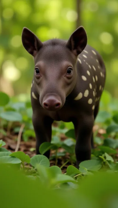 (Close-up), of a, (mini tapir), (young tapir, tapir calf), (dark brown fur with creamy white spots), on its body and face, (large dark eyes), (perked ears), (small snout), in a, (natural jungle environment), (bokeh background), (soft natural lighting, diffused sunlight), (vibrant green foliage), (shallow depth of field), (photorealistic, highly detailed, sharp focus, hyperrealistic), wildlife photography, high resolution, 8k, professional photo, DSLR, Canon Eos R5, f/2.8, 200mm lens, studio lighting, award winning photograph, masterpiece.