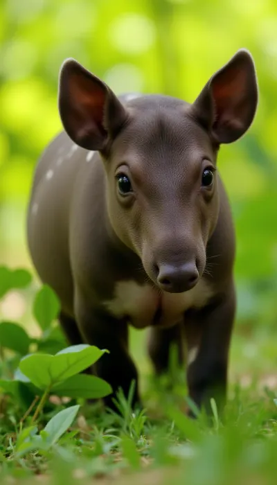 (Close-up), of a, (mini tapir), (young tapir, tapir calf), (dark brown fur with creamy white spots), on its body and face, (large dark eyes), (perked ears), (small snout), in a, (natural jungle environment), (bokeh background), (soft natural lighting, diffused sunlight), (vibrant green foliage), (shallow depth of field), (photorealistic, highly detailed, sharp focus, hyperrealistic), wildlife photography, high resolution, 8k, professional photo, DSLR, Canon Eos R5, f/2.8, 200mm lens, studio lighting, award winning photograph, masterpiece.