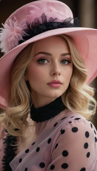 Close
-up, extravagant, blonde girl, light gray-green eyes, long black fluffy eyelashes, arrows, delicate plump lips, looks up, gloved hands under her chin, jumpsuit made of delicate pink organza, airy organza, mega large delicate pink black polka dot hat with soft wide brims falling over her eyes organza with black polka dots, hyper-detailed, close-up