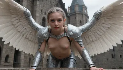 (Guardian Angel:.1), (huge feathered wings:1.8), woman with 6pack and a beautiful face, (flat muscular chest), and black long braid., (small breasts, small tits), (small Puffy nipples:1.6), (full silver mithril armor:1.6), standing on a rooftop of an old medieval castle or church.

Crouching and bending forward, leaning forward, (View from below:1), (closeup view:1.8), sn3dm, extrmusc, <lora:uberfit_lora_sdxl:1.7>, <lora:SN3DM_sdxl_scaled_dress-000011:.8>, <lora:ExtrMusc:1.8>