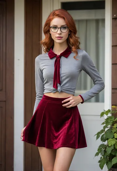 (photo taken on front porch of a wooden house, sunhine:1), photo shows complete body, dynamic, realistic, perfect lighting, (best shadows), 8K, UHD, clear image, (best lighting), best quality, ultra detail, fine detail, high resolution, 8k wallpaper, masterpiece, one female, (European Swedish mom 30 years old:1.2), ((skinny with perky tits:1.4)), (((skinny, small, petite, height 175 cm, long perfect legs, perfect round ass, autumn narrow waist, wide hips:1.4))), (detailed green eyes, long wavy red hair, individual hair strands in face:.8), (very detailed face, beautiful, light freckles, tanned skin, full lips), ((wearing a detailed shimmering dark grey velvet skater skirt:1.4), (light red cotton fabric blouse with collar, blouse knotted at the stomach:1.4), detailed high platform shoes, skirtlift, (glasses:1.2), big earrings)