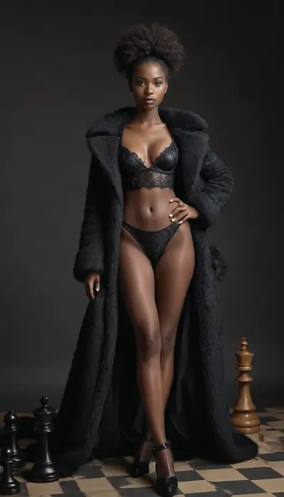 A black chess queen in a gorgeous fluffy outfit. a lithe, slender, long-legged model. Full-length on a chessboard, with a large chess piece between his legs, l0ngha1r, bellissima, 1girl, <lora:Long_hair_LoRA_for_SDXL_v2:2>, <lora:LesFemmesXL_v1.0:2>