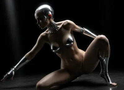 A sexy female robot with reflecting metallic chrom skin, a highly detailed and vibrant fantasy artwork, concept art nude big brest girl, art by Hajime Sorayama. She wears nothing, completely nude, chrome skin, Chrome Eroticism, smooth, reflective surfaces that enhance the metallic sheen of robots. The detailed rendering of textures, from the softness of human skin to the hardness of metal, she has no hair, bald head, dynamic lighting, lights, digital painting, intricated pose, highly detailed intricated, . digital artwork, illustrative, painterly, matte painting, highly detailed, best quality, fine detail, warm lightning, erotic, porno, subdued atmosphere, chiaroscuro, full body, full body view, light_green background. The body floats weightlessly in space. Crouched position. Tumbling body in space. Art style inspired by Hajime Sorayama and the sexy robot series., low angle, ((randomized-body view from below)), <lora:dark:.5>