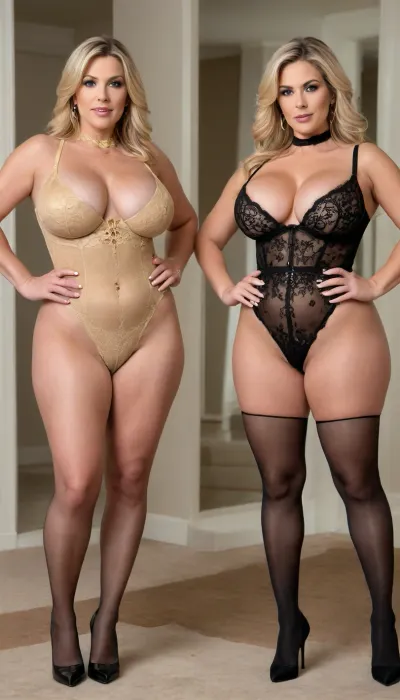 two women, perfect picture, full body view, perfect hands petfect arms perect legs, two 67 year old and 58 year old women with massive breasts in a royal gold bodysuits, black thigh high stockings, and black high heels. The bodysuits are lacy and transparent in a few places. The bottom was cut high on the hips and the front was solid until just above their belly button and was then rose up in a "V" shape just covering their tits before going up over their shoulders and behind the neck. Leaving most of their back exposed., large, breasts, big, boobs, huge, tits, <lora:bombshell_v2:.8>