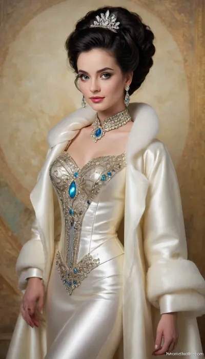 mother-of-pearl pointelligence painting, panel art, on a patterned background of rhinestones, graceful delicate beauty she loves large large sparkling topazes and opal satin, massive large topazes on her neck, thick black hair in a hairstyle, on her shoulders a bolero coat made of voluminous draped organza, in the style of Andre Cohn+Makovsky, on ivory matte background, beautiful, bright lighting, 30mm lens, very gentle
