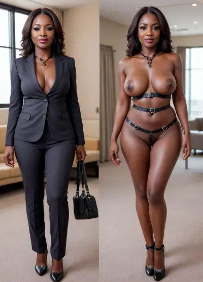 Mid journey, 50 years old nigerian, black skin, seductive face, ((wearing a business suit before, on:1.4)), high heels, busty MILF, beautiful 34E cup breasts, unshaved pussy, pierced nipples, no underwear is worn, ((wearing leather harness after, off:1.4)), onoff, full body view, piercing, <lora:OnoffXL_ExtraCrispy:.8>, <lora:nipplePiercing-v1:.5>