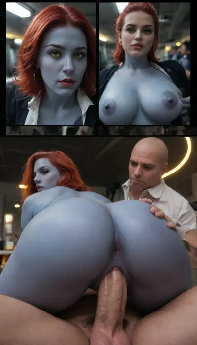((Image of Mystique from Marvel Comics X-Men:1.4)), she is naked and has, ((dark blue skin:1.4)), (riding professor X’s from X-‘men big cock), as he sits in his wheel chair, she has, ((big huge blue breast:1.4)), ((she has dark blue skin:1.4)), and, ((she has jet red hair slicked back:1.4)), ((bright yellow eyes:1.2)), ((Mystique with dark blue skin from X-Men:1.4)), ____, ((realistic marvel comic style art:1.4)), they are in a underground hightec bunker with neon yellow lights and computers in the background, she has a, ((big plump round ass)), ((professor X from X-Man is a white man with a bald head)), (his big cock is sticking out the zipper of his grey slacks:1.3), as he sits down in he’s metal wheelchair, ((focus underneath view of balls, cock, pussy, butthole)), _____, (realistic blue skin texture:1.4), (natural pores:1.3), (detailed face:1.3), ___, (realistic anatomy:1.4), (separate limbs:1.3), (defined arms and legs:1.3), ______ soft cinematic lighting, ” “studio glow, ” “backlight rim lighting” ____. ambient neon lighting, warm vanity mirror lights, soft backlight, reflective highlights, diffused colored glow, low contrast shadows, rim lighting accenting the face and hair, warm light from below mixing with cool top lighting, (realistic hair texture:1.3), (detailed hair strands:1.4), (shiny hair:1.2), (highlighted hair:1.2), ______ cinematic lighting, soft rim light outlining her face, realistic skin with visible pores and texture, detailed eyelashes, glossy eyes with reflections, smooth gradient lighting, sharp focus, 8k ultra detail, DSLR photograph, shallow depth of field, professional lens lighting, ______ volumetric atmosphere nicorima _____ she had the facial expression of sexual pleasure, orgasim, showing deep emotion, eyes half-closed, lips slightly parted, soft warm lighting, delicate facial tension, cinematic shadows, natural blush tones, subtle highlight on skin, moody atmosphere, expressive detail, 8k photorealistic ____ five fingers per hand, Mystique, X-Men, lactation, sprayingmilk, <lora:Mystique X-Men:2>, <lora:lactation_XL_0_:.8>