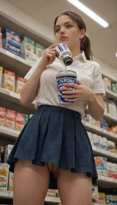 beautiful curvy female convenience store clerk, Caucasian, brown hair in a loose ponytail, casual store uniform shirt with short skirt, focused expression while stocking items on a shelf, holding a product or small box in one hand, reaching up over head, looking up, realistic convenience store aisle with snacks and drinks around her, overhead fluorescent lighting, clean but slightly lived-in environment, natural skin texture, subtle makeup, realistic fabric folds, shallow depth of field, ultra-realistic photography, 8k detail, soft commercial lighting, candid documentary vibe, grounded everyday realism, subtle film grain, very low angle shot, camera placed near the shelf edge, foreground blur, filmic depth, (upskirt view), her pussy in focus