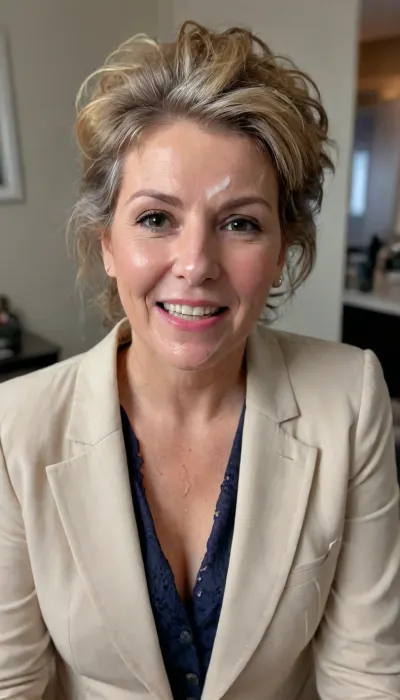 job application portrait of a happy cumsprayed horny jewish matured, ((busty jewish GILF)), ((norwegian estonian GILF)), colleague model, (cumdripping after blowjob), (((messy updohair cumsoaked))), ((blazer and blouse)), <lora:Facials:.3>, <lora:White_Slime_Remastered_-_Anime:.4>