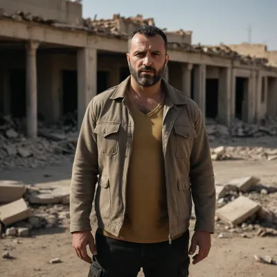 realistic cinematic harsh-daylight portrait of a solid 35-year-old Turkish man with an extremely heavy-built compact bulky body, thick broad torso, strong bull-like neck, large rounded belly, naturally tanned skin and an unshaken dominant expression, standing in the middle of a devastated fictional Middle Eastern war-torn district under blinding desert sun, surrounded by collapsed concrete buildings with exposed rebar, charred rubble piles, shredded metal sheets, cracked asphalt, overturned rusted cars with blown-out windows, drifting smoke from distant fires, and a yellow-grey haze of dust hanging in the scorched air, wearing a heavy black tactical-lux desert jacket stretched across his massive chest and stomach, dark rugged cargo pants coated in sand, and thick matte-black combat-style designer boots planted firmly in broken debris, (a long heavy Turkish layered barbershop haircut with flowing textured length, thick dusty volume and a razor-clean sharp hairline), (a dense full Turkish barbershop beard with crisp defined edges and faint dust settled along the lower lines), distant echoes of collapsing structures, hot shimmering air rising off destroyed rooftops, ultra-realistic HDR desert-ruin lighting with brutal high-contrast shadows, shot on a 50mm f/1.4 cinematic lens for gritty atmospheric compression, razor detail and oppressive post-apocalyptic clarity, atmosphere of a heavy, immovable alpha-don standing inside the ruins of a fictional destroyed city as if he is the last authority left in this scorched world