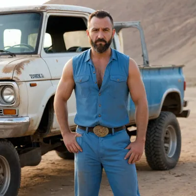 solid 35-year-old Turkish man with an extremely heavy-built compact bulky body, thick wide torso, strong neck, large rounded belly, tanned skin and a calm dominant expression, standing beside an old rusted pickup truck in a dusty desert setting inspired by Budd’s world in Kill Bill Vol.2, dry sand, scattered trash, warm late-afternoon sunlight, long shadows, faded metal and cracked paint on the truck, (a medium-length rugged Turkish layered haircut with a clean strong hairline), (a dense Turkish barbershop beard with crisp defined edges), wearing a white cowboy hat, a bright electric-blue western pearl-snap shirt, black cowboy trousers, and black leather cowboy boots, standing with a relaxed but authoritative pose next to the truck’s open door, cinematic warm sunset lighting enhancing his extremely dense silhouette, shot on a 50mm f/1.4 lens for gritty western-desert atmosphere