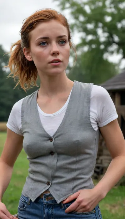 A beautiful English woman, fully clothed, gentle sunset light bounces off the side of her face. Dramatic clouds. She wears a lightweight sleeveless waistcoat, or buttoned vest, rustic grey hipsters jeans, beltless. Belly is visible. Old English watermill. Proud farmer. Slim build, auburn hair tied into a tight ponytail. Freckles, sun-kissed skin, skin texture visible. Tan lines. Extra wide hip. Very narrow waist. Sweaty, glistening skin. Hollywood A-Lister looks. Viewed from below, standing sideways, she has direct eye contact with the camera. Looking lovingly at the person behind the camera. braless, Wearing, clothes, that, make, sense, with, Braless>, ashlynn_spektre_xl, cloudy, smoke, atmospheric, clouds, fog, <lora:bralessSDXL_v1_00022:1.6>, <lora:detailed_notrigger:1.9>, <lora:()Ashlynn Spektre XL:1.5>, <lora:Cloudy_Style:2>