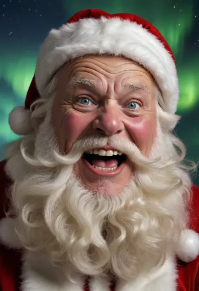 ((Santa Claus)), 3/4 body photo, crazy, funny caricature, elder caricature, elderly fat male, 99 years old, gritty teeth, big cartoonish head, exaggerated caricature features, mischievous expression, north pole, northern lights, dark night, vibrant colors