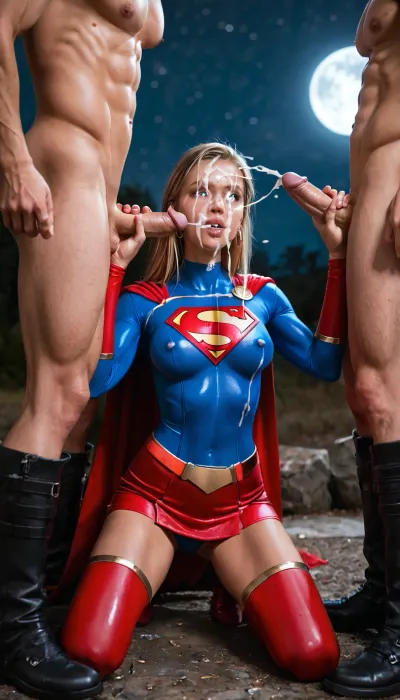 Young Supergirl with big tits, slender body, sexy clothes, on her knees, 2 men with her, handjob 2 men, big facial cumshot, on the moon, three quarter view, (((Two holes in the costume let her tits out))), (((the costume does not hide her tits)))