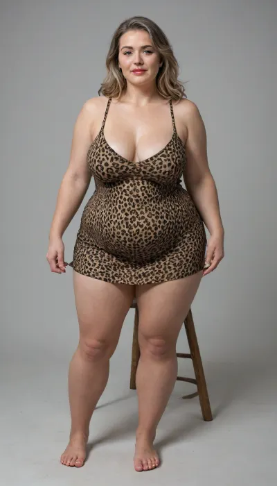 (obese, gilf:1.3), A photorealistic, ultra high-resolution fashion portrait of a striking bbw obese fat mature woman, 55 years old, radiating established confidence and sophisticated elegance. She is seated upright on a modern studio stool in a minimalist, brightly lit photography studio with a neutral gray backdrop. Her body language is poised and commanding, with her legs together and feet flat on the floor, hands resting gently on her thighs.Appearance & Likeness, She has a chubby, rounded face with defined cheekbones, luscious full lips painted with polished lipstick, and captivating light blue-green eyes that are detailed and attentive. Her gaze is confident, expressive, and sociable, directed slightly toward the camera. Her makeup is refined for a fashion shoot, with warm eyeshadow, subtle eyeliner, and soft contouring. Her hair is styled in slightly wavy layers, a light brown base enriched with warm caramel and amber highlights, complemented by subtle gray streaks that emphasize her mature aesthetic.Physique & Figure, She possesses a dramatically voluminous, plus-size figure with immense sculpted density, presenting a powerful, shapely silhouette. Her upper body is defined by an ample, full chest that is robust and naturally shaped, supported by the structure of her dress. Her torso is full and smooth, creating substantial curves. Her lower body features exceptionally wide hips that transition into powerful, full thighs, with a voluminous posterior that projects immense presence. Her warm, light beige skin displays natural, realistic texture under the studio lighting, highlighting authenticity and maturity.Attire, She is wearing a sleeveless scoop-neck leopard print bodycon mini dress made of matte opaque stretch fabric. The dress has a deep beige base with dark brown and black leopard spots. The thick, dense fabric hugs her torso, bust, waist, and hips, sculpting her curves into a clean, bold line. The scoop neckline modestly frames her chest, while the hemline ends mid-thigh, emphasizing her strong thighs and wide hips. The matte finish ensures opacity and smooth contouring.Lighting & Composition, The studio lighting is bright and even, casting soft shadows that define her curves and facial features without harshness. The neutral gray background isolates her figure, while the shallow depth of field creates cinematic focus. The perspective is natural, as if captured with a 50mm lens, emphasizing realism and intimacy.Overall Effect, The image conveys poised intimacy and body-positive elegance, celebrating her mature beauty, immense sculpted volume, and confident presence. It is styled as a professional, award-winning fashion portrait, with intricate shading, highlighting, and texture detail. Cellulite on thighs