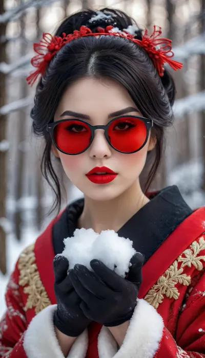 a beautiful black-haired girl in sunglasses with bright red lips walks in a winter park and holds snow in her hands, detailed image of face and hands, professional photo, high resolution, frame depth, high detail, 1024k, ISO 1000, digital art, botanical art, filigree, hyperrealism, surrealism, glitter, cinematic, backlight, full hd wallpaper, fflix-geisha, <lora:Fflix-Geisha:2>