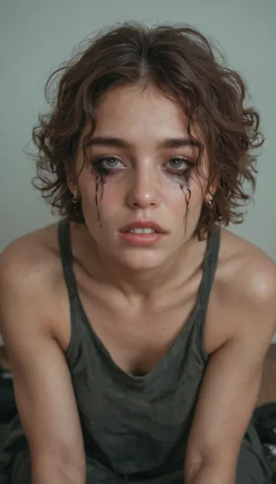 UHD 8K, cinematic masterpiece, score 9, score 8 up, score 7 up, score_9, score_8_up, score_7_up, maximum detailed. Photo of 18yo Russian alcoholic slut, (shit-faced), bad face, ruined makeup, acnes, ((bad skin)), dark disheveled hair, tired eyes, shy, bad teeth, front view, full body, full-size view.