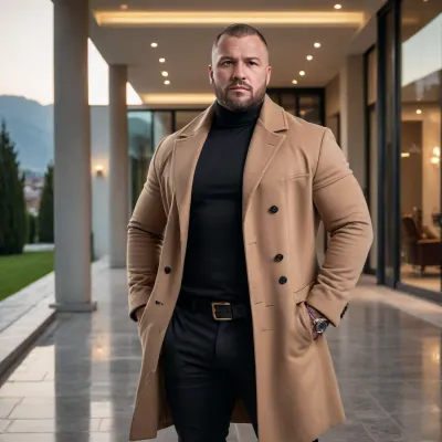 realistic cinematic evening portrait of a solid 35-year-old Turkish man with an extremely heavy-built compact bulky body, thick broad torso, strong bull-like neck, large rounded belly, naturally tanned skin and a calm dominant expression, standing on the marble terrace of a modern German villa with panoramic glass walls glowing from warm interior light, wearing a long premium camel overcoat draping heavily over his massive frame, a black luxury turtleneck stretched across his huge chest and stomach, dark tailored trousers and polished black designer boots, thick gold jewelry subtly shining in the soft villa lighting, (a medium-length rugged Turkish layered haircut with controlled German-executive volume), (a dense Turkish barbershop beard with crisp defined edges), a glass of expensive whiskey resting in his large hand, cold evening air mixing with warm golden reflections from inside the villa, luxury cars parked on the driveway behind him, ultra-realistic HDR European high-end lighting with clean warm highlights and deep controlled shadows, shot on an 85mm f/1.4 cinematic lens for elegant telephoto compression and luxury-rap depth, atmosphere of a wealthy German rap mogul in full Kollegah-class dominance, stillness, power and high-luxury composure