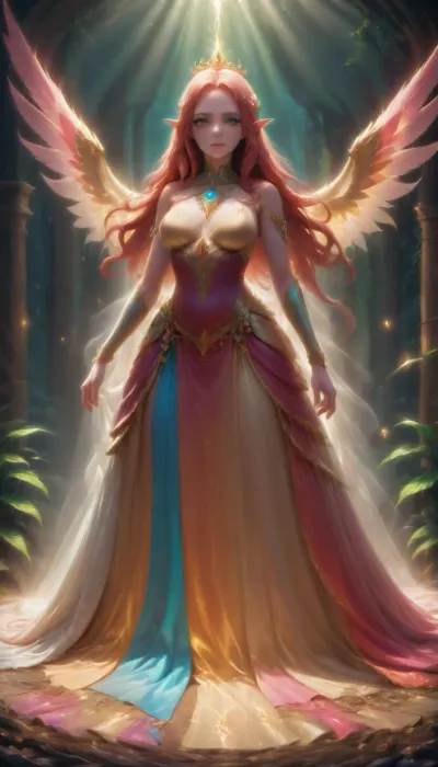 (ultra realistic portrait:1.3), (elegant woman in crimson silk dress:1.2), full body, soft cinematic lighting, (golden hour:1.2), (fujifilm XT4:1.1), shallow depth of field, (skin texture details:1.3), (film grain:1.1), gentle wind flow, warm color grading, (perfect facial symmetry:1.3), fantasy elf, detailed character, glowing magic, vibrant colors, long flowing hair, elegant armor, ethereal beauty, mystical forest, magical aura, high detail, soft lighting, fantasy portrait, Artgerm style