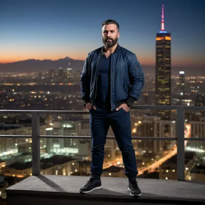 realistic cinematic night portrait of a solid 35-year-old Turkish man with an extremely heavy-built compact bulky body, thick broad torso, strong bull-like neck, large rounded belly, naturally tanned skin and a calm dominant expression, standing on the rooftop edge of a Los Angeles skyscraper above the glowing highway streams, strong wind pulling at his clothes, wearing a premium deep-navy bomber jacket stretched over his massive chest and shoulders with dark tactical urban pants and heavy black sneakers, holding a piece of covert comms equipment glowing faintly in his large hand, (a medium-length rugged Turkish layered haircut with controlled lifted texture), (a dense Turkish barbershop beard with crisp defined edges), distant sirens echoing from the streets far below, warm-orange city lights mixing with cold-blue reflections from the billboard, atmospheric LA night haze drifting across the rooftop, shot on a 50mm f/1.4 cinematic lens with shallow depth of field and gritty Heat-style contrast, ultra-realistic HDR rendering of fabric and skin, powerful silhouette radiating criminal precision, wealth and nocturnal authority