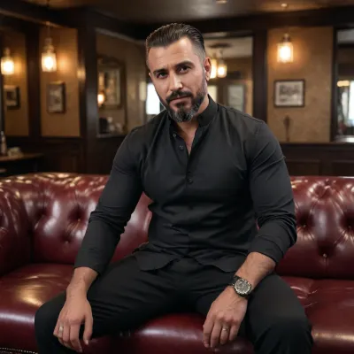 solid 35-year-old Turkish man with an extremely heavy-built compact body, thick broad torso, massive chest, strong dense neck and naturally tanned skin, relaxed dominant expression of a mature district boss sitting deep in a premium hookah lounge, (a medium-length layered Turkish textured top with controlled volume and a sharp clean hairline, sides softly tapered for a modern barber-shop look), wearing a fitted black heavyweight cotton long-sleeve that stretches across his wide chest and thick arms, dark charcoal straight-fit trousers and matte black leather loafers, seated on a low velvet sofa with one arm resting broadly along the backrest, dense aromatic hookah smoke rising softly in warm interior light, polished wood tables, golden accents and patterned eastern walls in the background, ultra-realistic atmospheric lighting with crisp contrast and natural shadows across his dense body, shot on a 50mm f/1.4 lens for strong masculine presence and premium depth