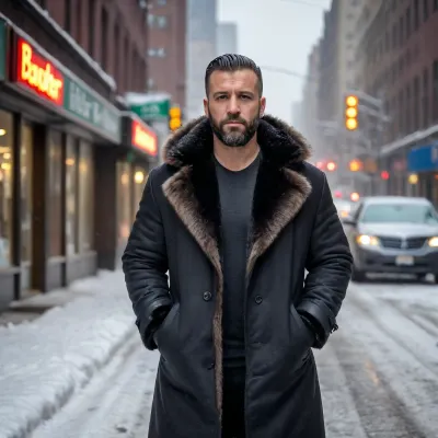 realistic cinematic winter-night portrait of a solid 35-year-old Turkish man with an extremely heavy-built compact bulky body, thick broad torso, strong bull-like neck, large rounded belly, naturally tanned skin contrasted by the cold air and a calm dominant expression, standing in the middle of a snow-covered Manhattan street during an active snowstorm, neon signs and traffic lights glowing through thick white snowfall, wearing a massive black luxury fur coat draping heavily over his enormous frame, a premium dark winter hoodie stretched across his huge chest and stomach, insulated black trousers and heavy matte-black designer winter boots, a rich fur ushanka pulled low with strands of, (a long heavy Turkish layered barbershop haircut with flowing textured length and snow-coated volume), escaping from under the fur, (a dense full Turkish barbershop beard with crisp defined edges and a thin layer of frost collecting along the lower lines), taxis crawling through the snow behind him, steam rising from subway vents, headlight beams slicing through blowing snow, ultra-realistic HDR storm lighting with cold blue and red New York tonalities, shot on a 50mm f/1.4 cinematic lens for dramatic storm compression, crisp detail and heavy urban contrast, atmosphere of a winter street-king owning Manhattan even in the middle of a blizzard, steady, immovable, dominant
