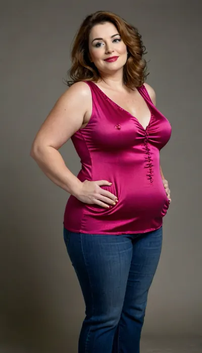 (mature:1.3), side, Full body portrait photo a mature chubby woman, fat huge bosom with a natural mature drop, magenta sleeveless tailored open silk blouse, highwaist blue jeans, fat round face, double chin, 60 years old Woman, big eyes, (auburn hair), round face, full lips, lipstick, (wavy hair), seductive smile, pretty teeth, looking at viewer, (solid dark background), eye level shoot, film grain, style by Flora Borsi, OverallDetail, loose, leaning, forward, with, plump pubis, large bottom.

Her hips are noticeably wider than her waist, creating a soft hourglass silhouette.

She has full, rounded hips that gently curve outward, adding balance to her figure.

Her thighs are thick and shapely, with a natural softness that complements her stance.

Her lower torso is plush and softly contoured, with gentle fullness across the hips.

Her figure is naturally curvy, with a Plump waist and balanced proportions.

Her bust droops with visible natural softness, appropriate for her age and physique., bottomheavy, big, ass, huge, gigantic, thick, thighs, massive, cameltoe, <lora:bottomheavy_v1_sdxl_LoRA:1.6>, <lora:style_lora_realis:.4>