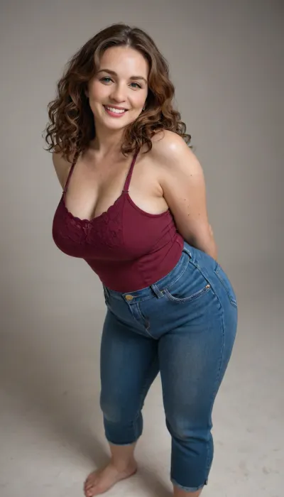 (mature:1.3), side, Full body portrait photo a mature chubby woman, fat huge bosom with a natural mature drop, magenta sleeveless tailored open silk blouse, highwaist blue jeans, fat round face, double chin, 60 years old Woman, big green eyes, (auburn hair), round face, full lips, lipstick, (wavy hair), seductive smile, pretty teeth, looking at viewer, (solid dark background), eye level shoot, film grain, style by Flora Borsi, OverallDetail, loose, leaning, forward, with, plump pubis, large bottom.

Her hips are noticeably wider than her waist, creating a soft hourglass silhouette.

She has full, rounded hips that gently curve outward, adding balance to her figure.

Her thighs are thick and shapely, with a natural softness that complements her stance.

Her lower torso is plush and softly contoured, with gentle fullness across the hips.

Her figure is naturally curvy, with a Plump waist and balanced proportions.

Her bust droops with visible natural softness, appropriate for her age and physique., bottomheavy, big, ass, huge, gigantic, thick, thighs, massive, <lora:bottomheavy_v1_sdxl_LoRA:1.6>, <lora:PantyPull-000005:.8>, cameltoe, <lora:cameltoe XL:.8>