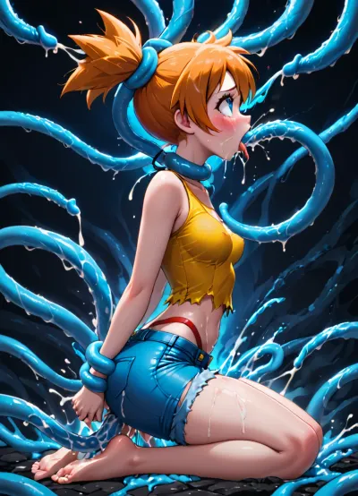 Misty from Pokémon, wearing her classic outfit, 1 girl, on knees, fucked by Tentacruel from pokemon, slimy blue tentacles caressing her body, ahegao, glowing blue eyes, cum on back, Arms held back, head held back, ripped clothes, tentai, bukkake, graphic triple penetration, forceful sex, brutal sex, CNC vibes, she is being lifted off the ground, she is floating in the air, violently fucked and ravaged by the tentacles, her body is lifted off the ground, her toes are bare, she is wearing her outfit from the anime, blue denim shorts, yellow shirt, red suspenders